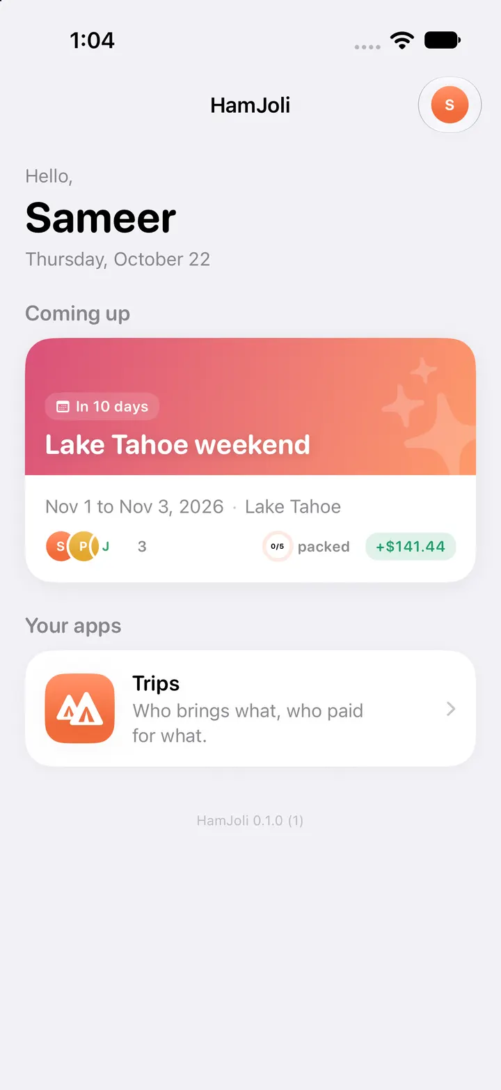 The HamJoli home screen on iPhone.