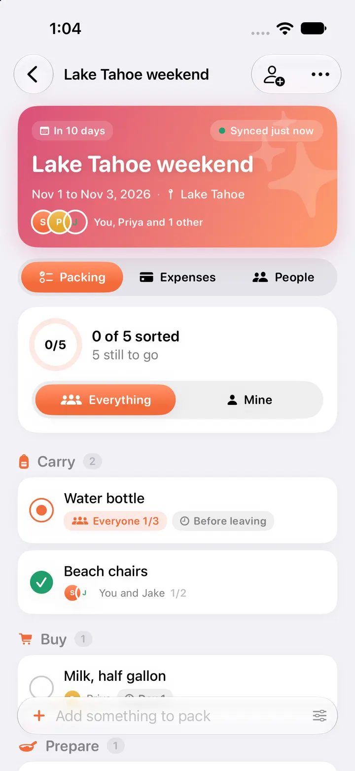 A list that knows who. The pack screen on iPhone.