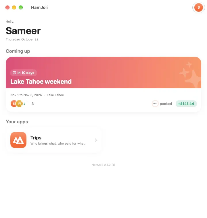 The HamJoli home screen on a Mac: the coming-up trip and the Trips mini-app.